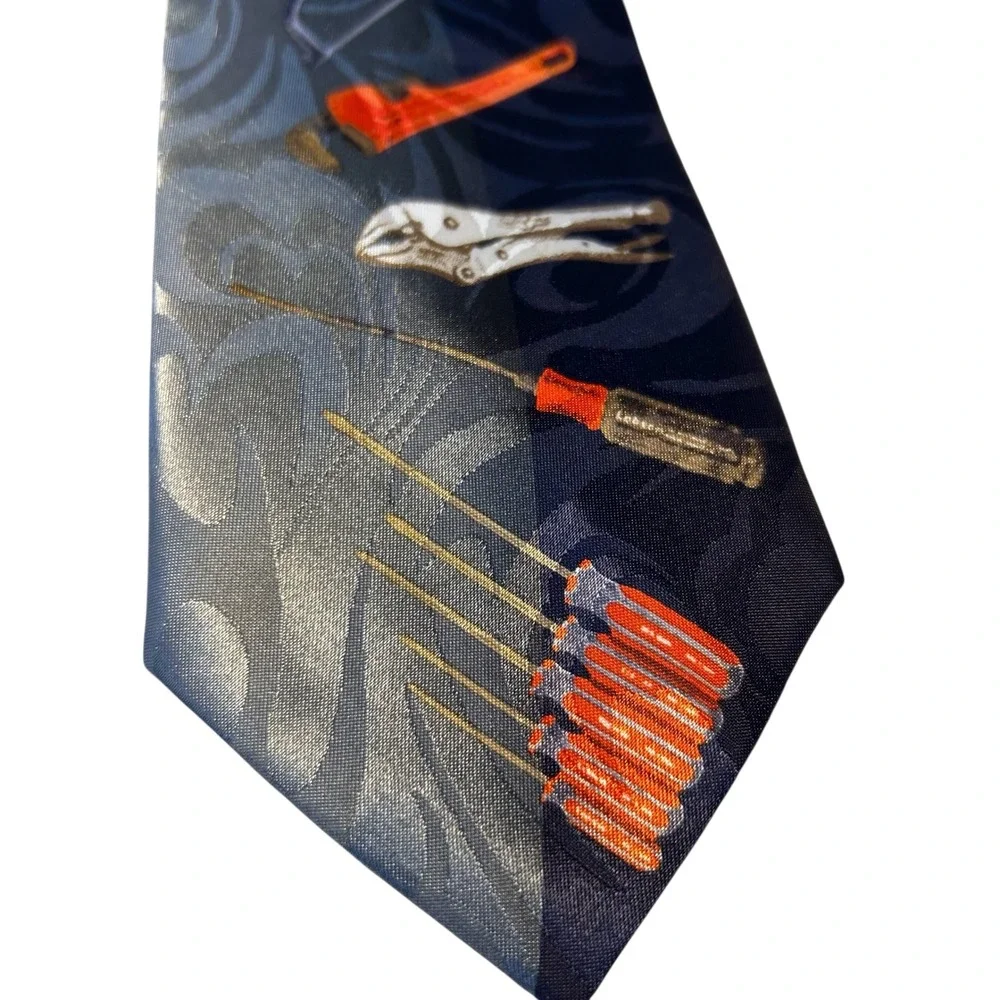 Novelty Necktie Mens Tools Print Blue Gray Polyester Career Workwear Tie Vintage - Picture 2 of 8